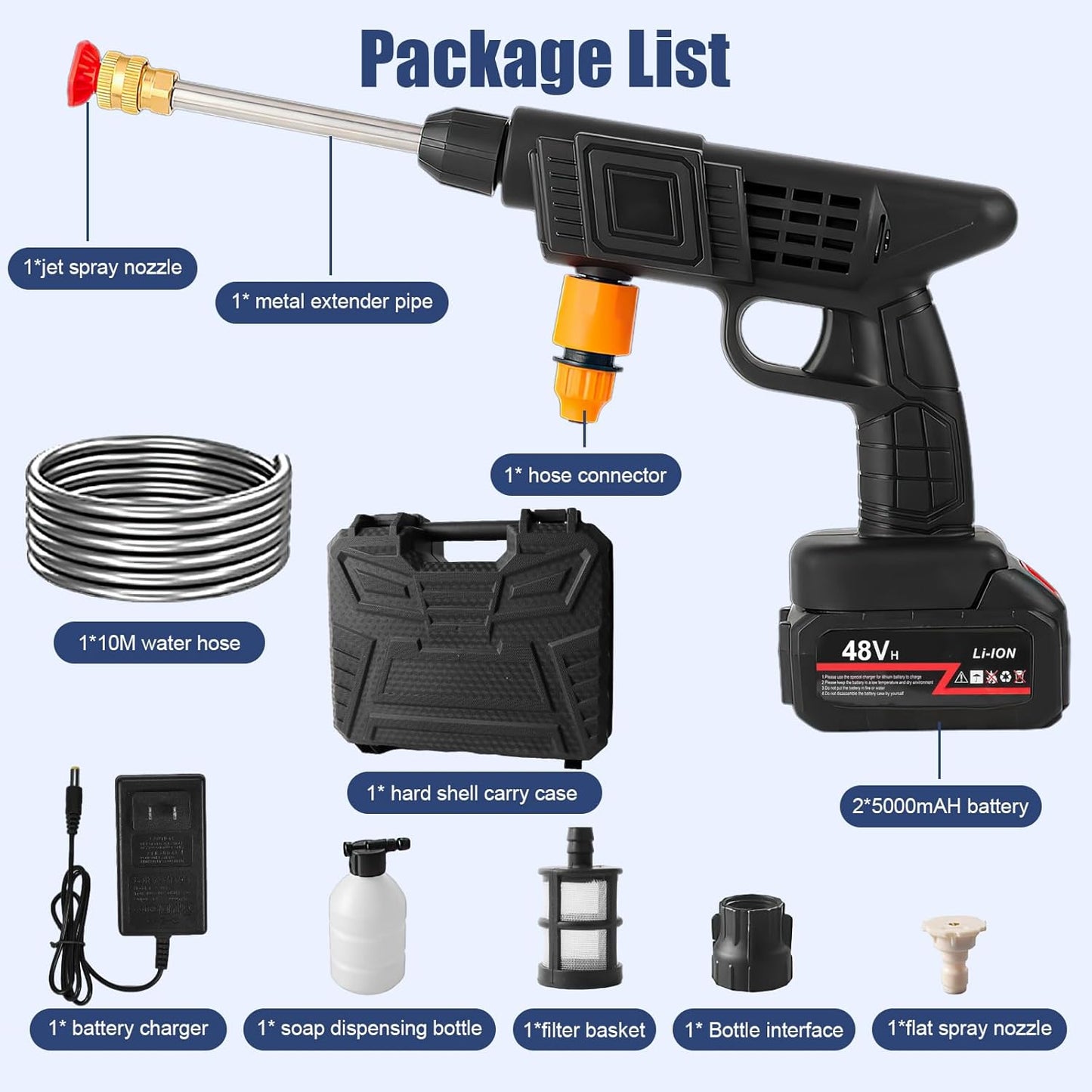 Cordless Pressure Washer with 2 Batteries, 48V 600PSI High Cordless Power Washers Portable Jet Wash for Car Garden Home Patio Driveways, Spray Nozzles, Soap Dispensing Bottle, 32.8FT Hose Included